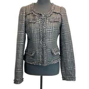 Zara gray black metallic tweed blazer jacket full zip chain link trim classy S